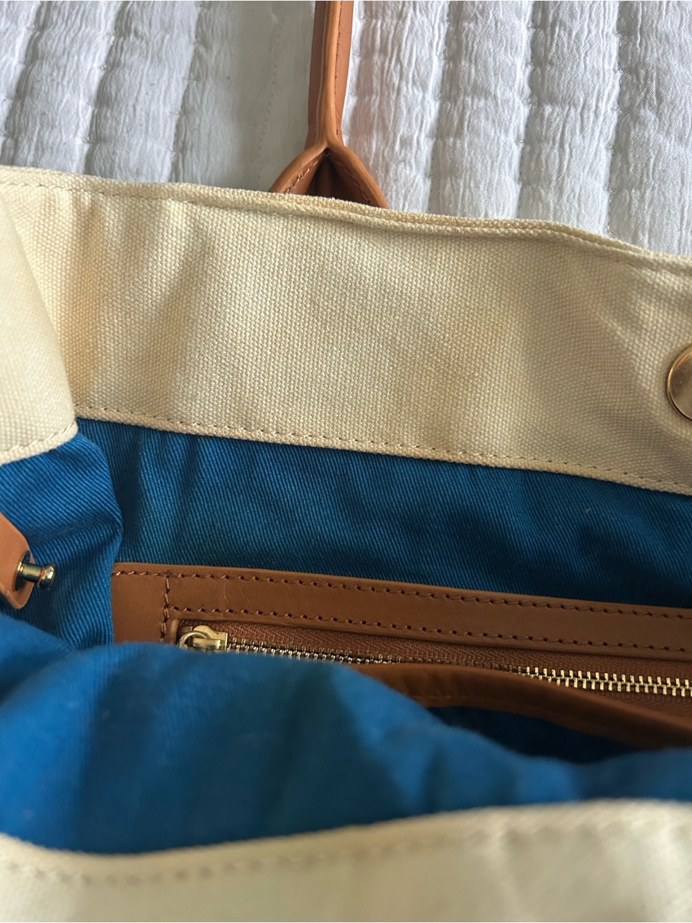 Tory Burch Two-Tone Canvas Tote in Cream, Yellow and Tan Leather - Picture 5 of 10